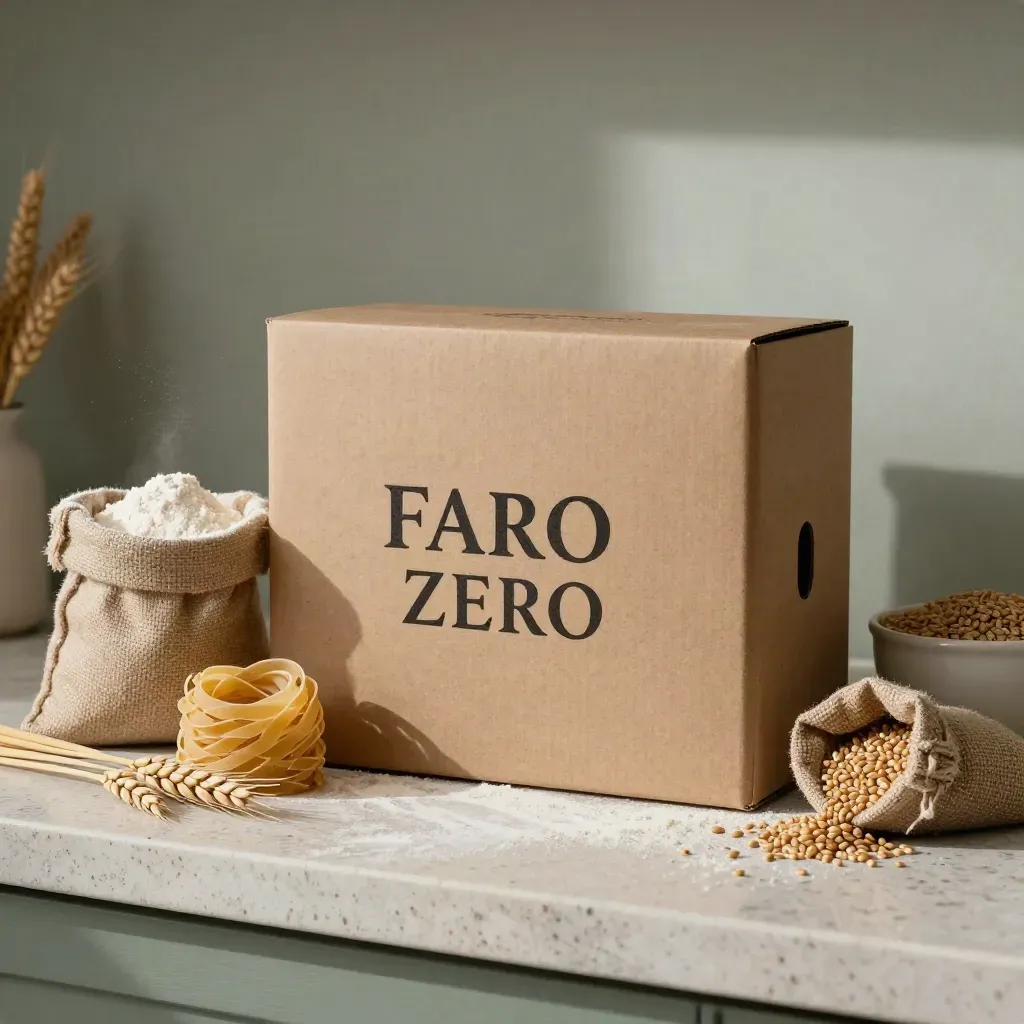 Box famiglia Farro Zero con farina, pasta, cereali e sacchetto di grano su pietra chiara