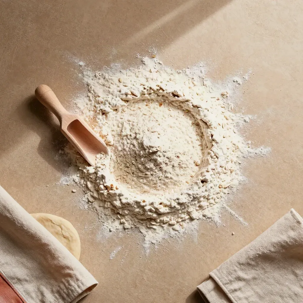 Flat lay dall’alto con farina di farro, sacchetto, cucchiaio di legno e stoffa su pietra chiara