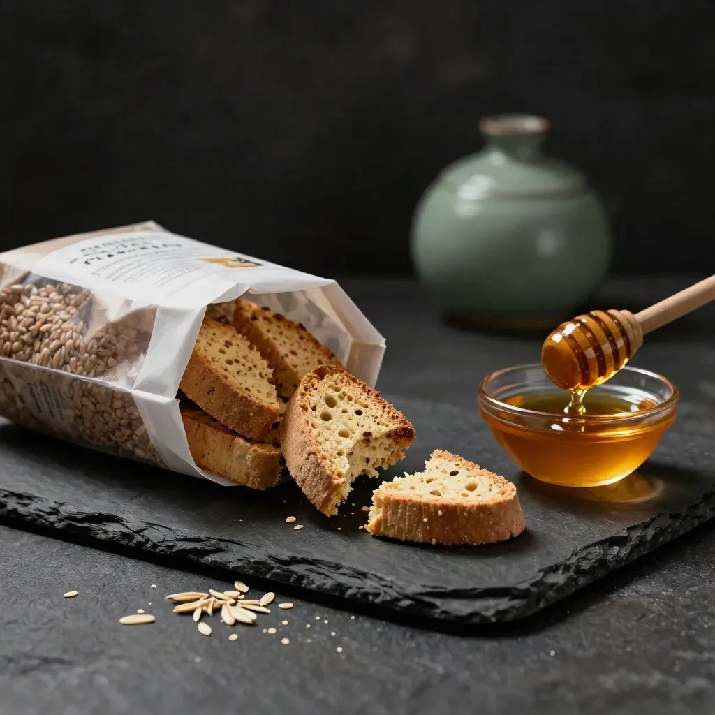 Biscotti al farro e miele con filo di miele, pezzi rotti e ciotola ambrata su fondo scuro.