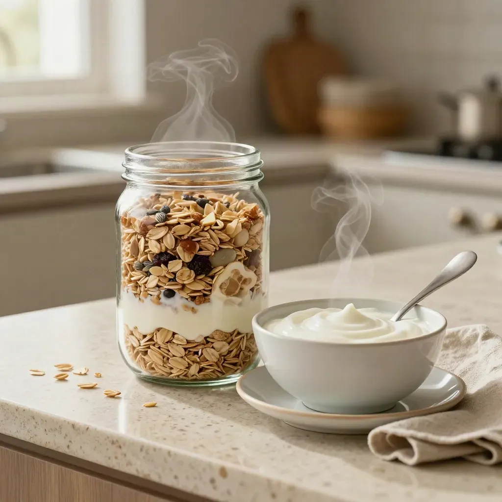 Barattolo di muesli al farro con ciotola di yogurt, cucchiaio e tovagliolo in lino su travertino chiaro.