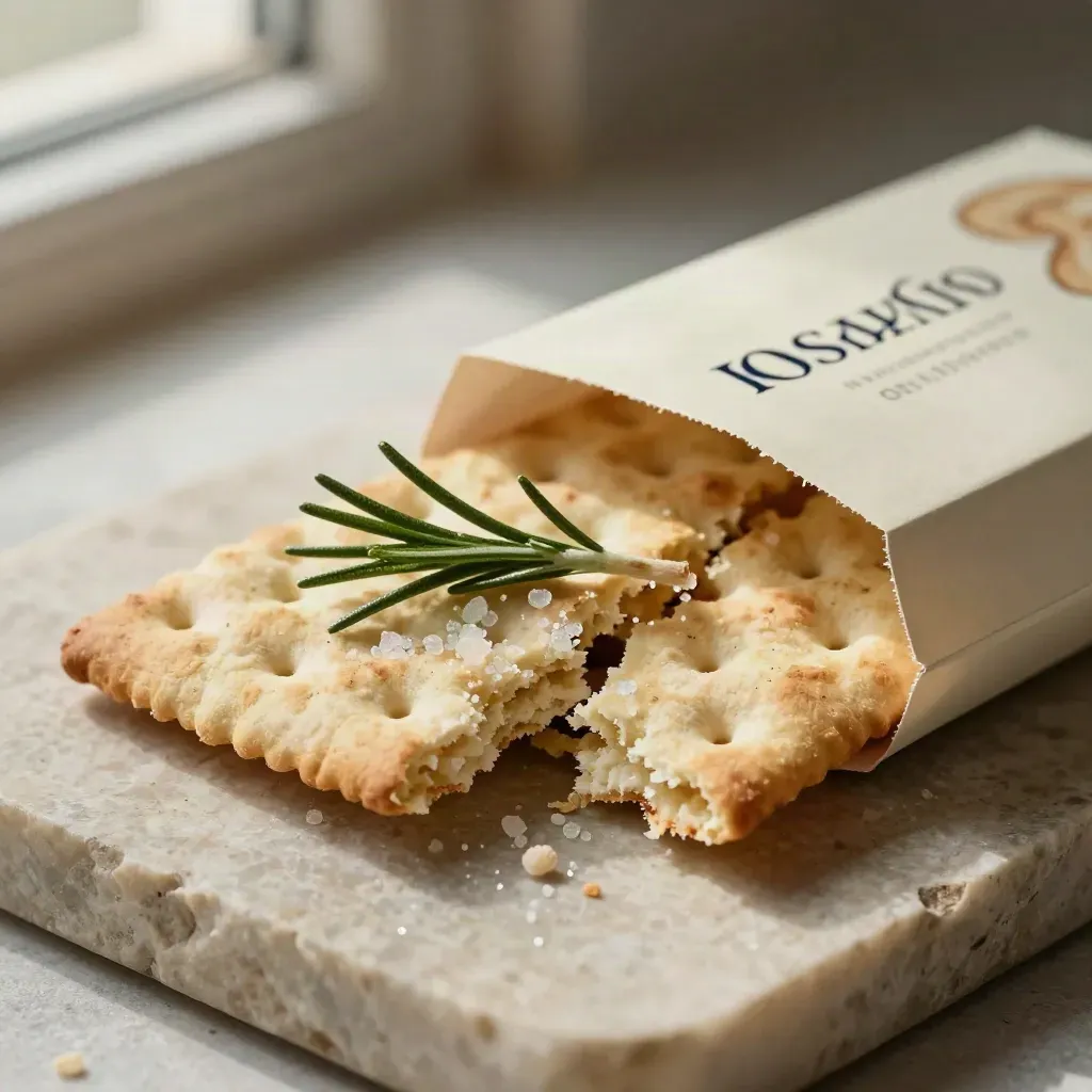 Crackers al rosmarino in primo piano su lastra di pietra con sale grosso e briciole