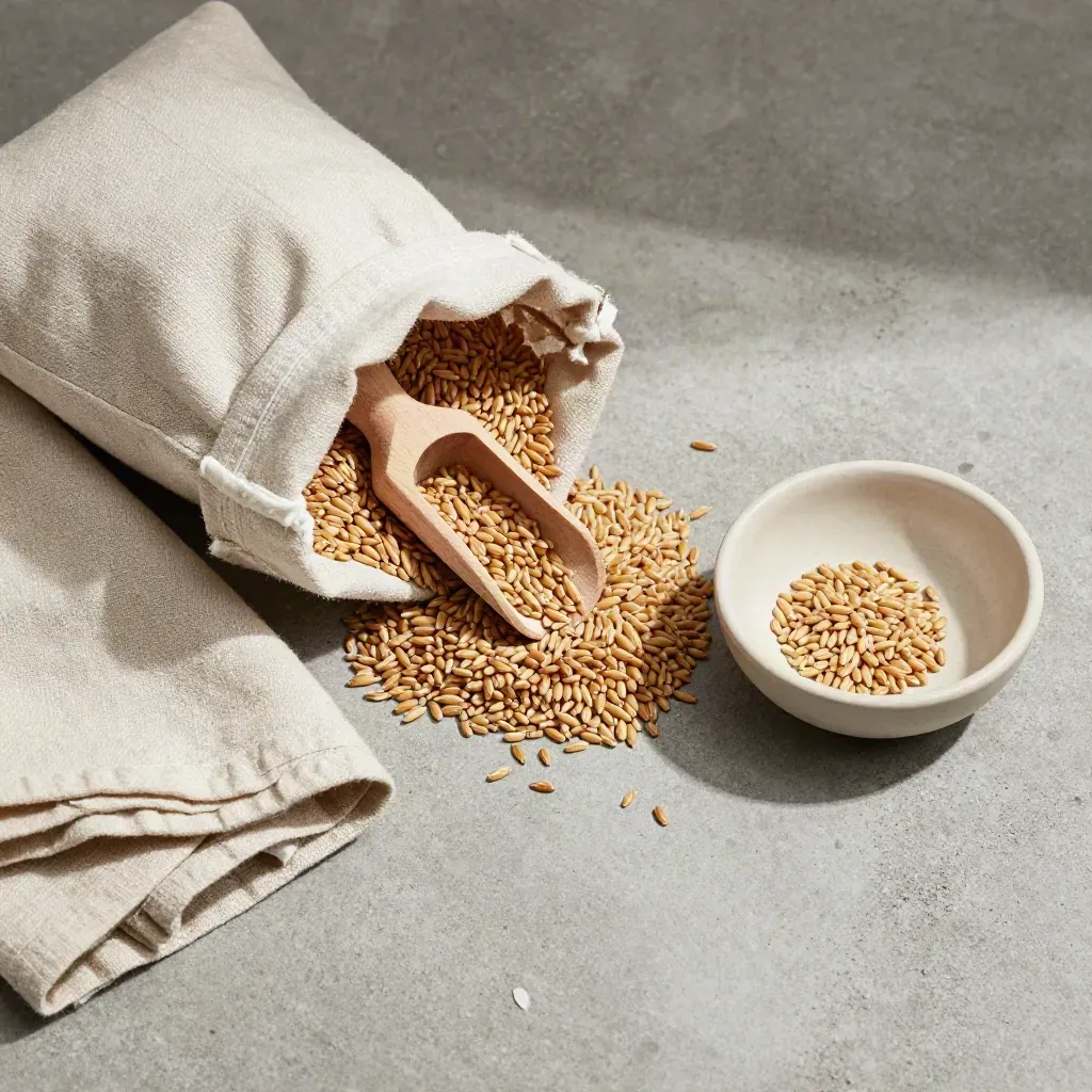 Sacchetto di farro perlato con cucchiaio, ciotola e chicchi sparsi su lastra di cemento.
